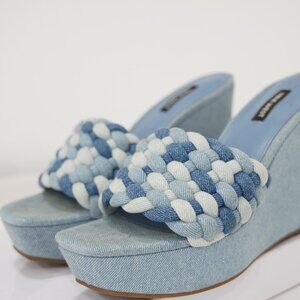 Jean-Wage Denim Block Heels Ankle Strap Blue Jean Chunky Heel Size 8.5